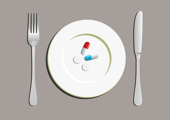 Pills on White Plate with Fork and Knife