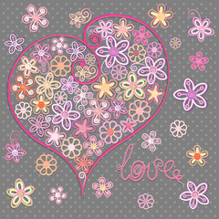 Postcard with heart and flowers