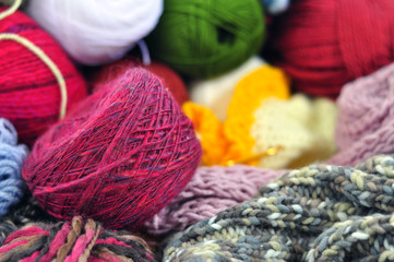 Assorted threads of colorful yarn