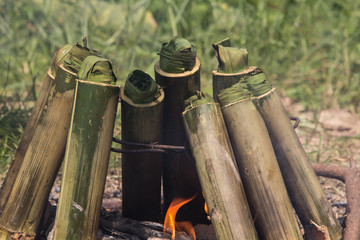 Glutinous rice roasted in bamboo joints