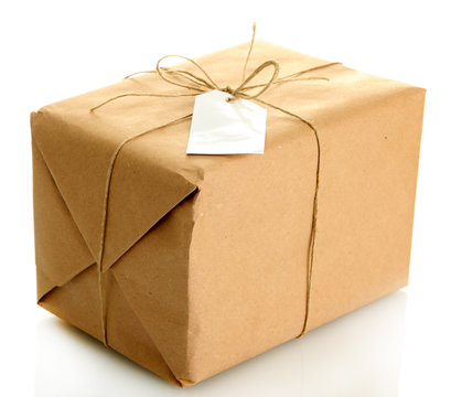 parcel box with kraft paper, isolated on white