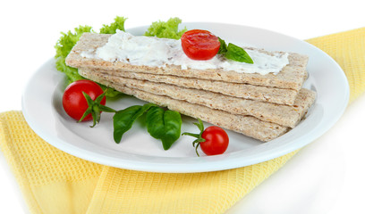 Tasty crispbreads with vegetables, isolated on white
