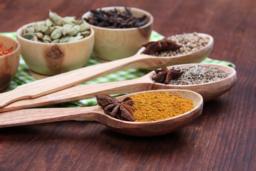 Various spices and herbs on wooden background