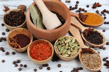 Various spices and herbs on table close up