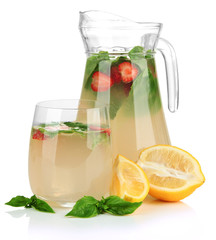 Basil lemonade with strawberry, isolated on white