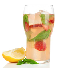Basil lemonade with strawberry in glass, isolated on white