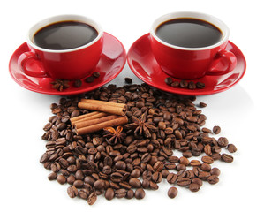 Red cups of strong coffee and coffee beans isolated on white