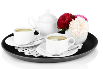 Obraz na płótnie Canvas Cups of coffee on tray isolated on white