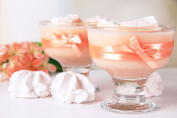 Tasty yogurt with marshmallows, close up