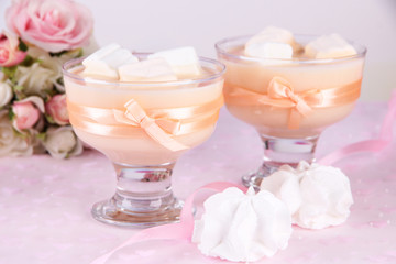Tasty yogurt with marshmallows, close up