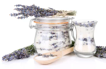 Gordijnen Jar of lavender sugar and fresh lavender flowers isolated © Africa Studio