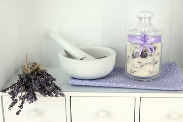 Still life with jar of lavender sugar, mortar and fresh