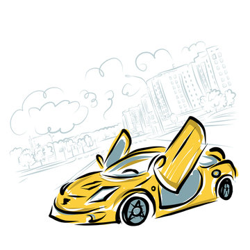 Yellow sport car on city background for your design