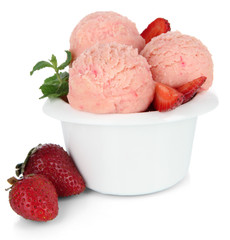 Tasty ice cream scoops in bowl, isolated on white