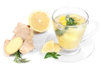 Cup of tea with ginger isolated on white