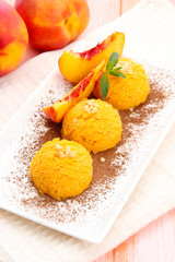 Delicious ice cream on plate on table close-up