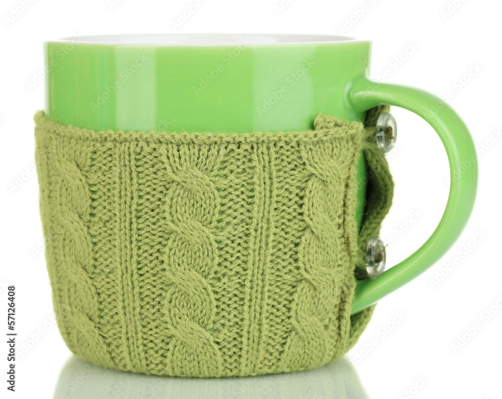Poster Cup with knitted thing on it isolated on white