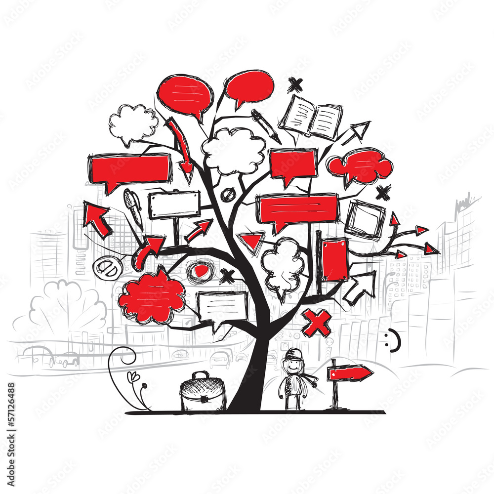 Poster sketch of tree with arrows and frames, cityscape background