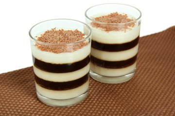 Tasty jelly coffee with milk on table on white background