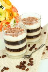 Tasty jelly coffee with milk on table on white background