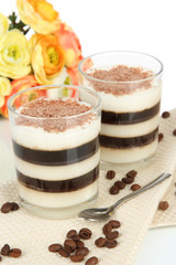 Tasty jelly coffee with milk on table on white background