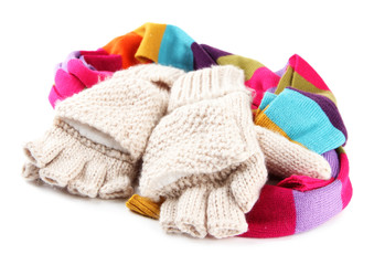 Wool fingerless gloves and multicolor scarf, isolated on white