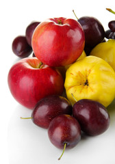 Quinces with apples and plums isolated on white