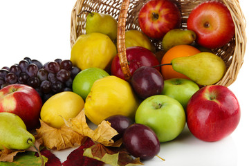 Different fruits with basket and yellow leaves isolated on