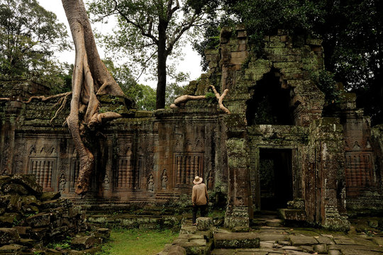 angkor - prheah khan temple, archaeologist explores the ruins