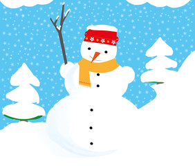 smiling snowman with scarf and red pot - vector