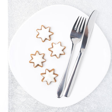 Christmas Table Setting With Cookies On Silver Napkin, Isolated