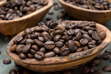 coffee beans in a wooden bowls, close up