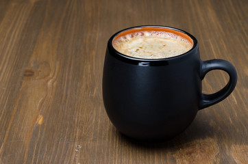 mug of black coffee with foam and space for text