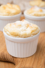peach souffle in the portioned form, close-up, selective focus