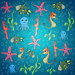Marine animals cute cartoon seamless pattern. EPS 10 © phoenix_olga