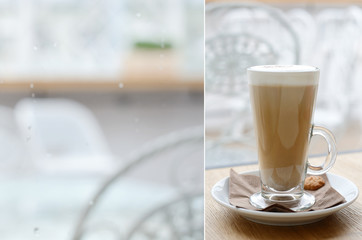 Collage with latte in dull rainy weather and cafe interior