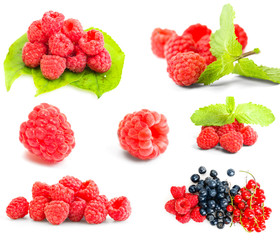 Collection of ripe red raspberries on white background.