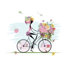 Fotobehang Bloemenmeisje Meisje met bloemenboeket in mand fietsen