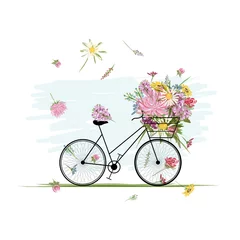 Foto op Plexiglas Bloemenmeisje Damesfiets met bloemenmand voor jouw ontwerp