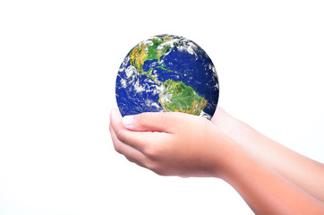 Woman holding globe on her hands. Earth image provided by Nasa.