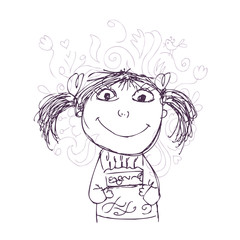 Funny girl sketch with birthday cake for your design