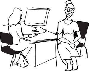 granny in glasses sitting near the manager