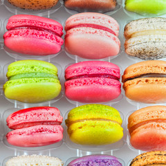 traditional french colorful macarons in a box