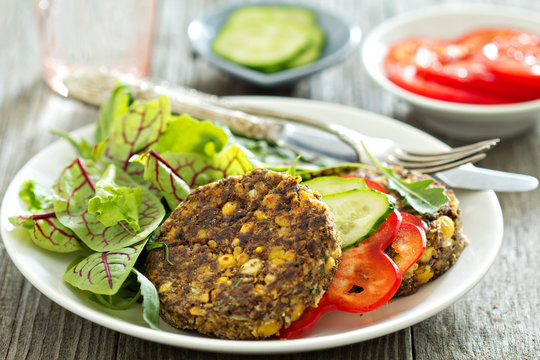 Vegan chickpeas burgers with salad and vegetables