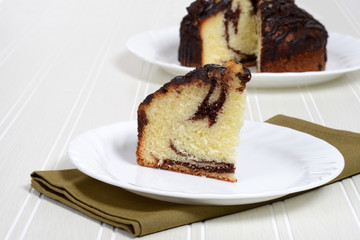 slice chocolate marble cake on plate