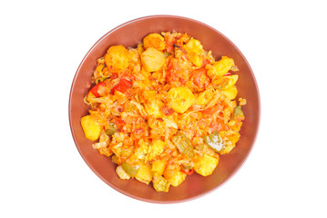 Vegetable ragout on bowl isolated on white background