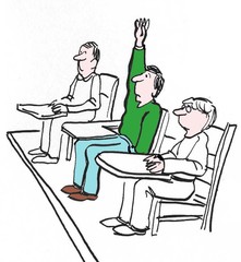 Professor writes on the board while hands are raised