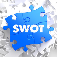 SWOT on Blue Puzzle Pieces. Business Concept.