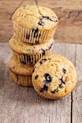 Healthy blueberry banana muffins on a wooden table