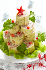 Roll up tortilla, ham and cheese for Christmas